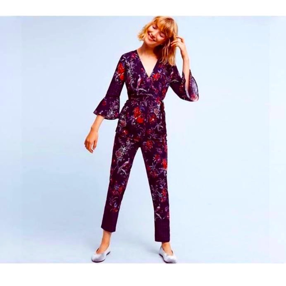 Maeve Espoir floral bird (purple/red) jumpsuit (Anthropologie). Great condition.
